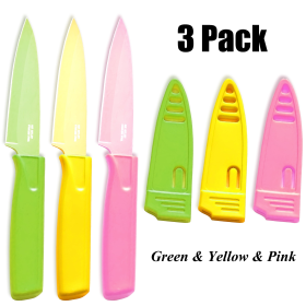 3 Pack Paring Knife with Safety Sheath, Fruit Knife with 4 inch Stainless Steel Blade, Nonstick Silicone Coated Knife for Kitchen, Fruits, and Vegetab